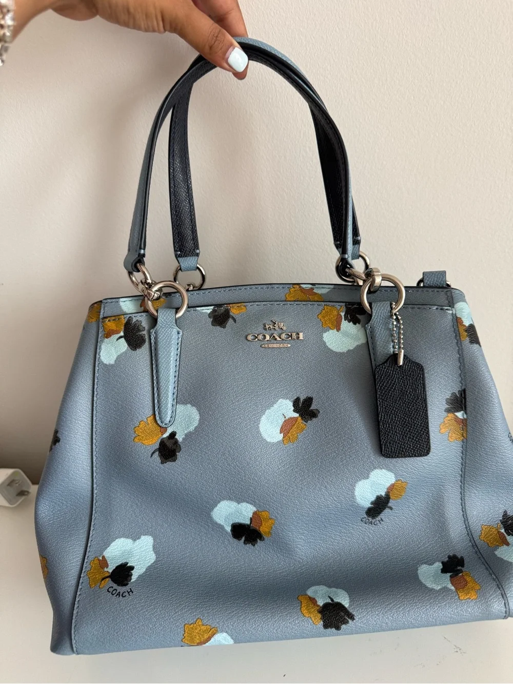 Coach Light Blue Floral Leather Satchel with Mustard Accents